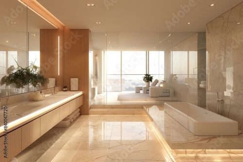 Minimalist Bathroom with Large Vanity Mirror, Bathroom with a large vanity mirror and minimal fixtures © DarkinStudio