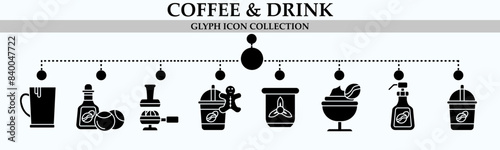 Coffee and drink glyph icon collection. With icon of orange juice, portafilter, strawberry coffee, coffee break and more. For sign, symbol, infographics, presentation or web graphics. 