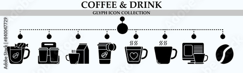Coffee and drink glyph icon collection. With icon of bar,cake, time to coffee, mug, latte machine, relax on coffee and more. For sign, symbol, infographics, presentation or web graphic