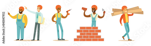 Man Builder and Engineer Character in Hard Hat Vector Set