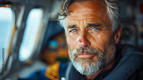 Close-up portrait of a man with a weathered face and piercing blue eyes. He sits in the cockpit of a vehicle, with a focused gaze and a hint of determination in his expression © Pavel Lysenko