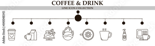 Coffee and drink line icon collection. With icon of orange juice, portafilter, strawberry coffee, coffee break and more. For sign, symbol, infographics, presentation or web graphics.