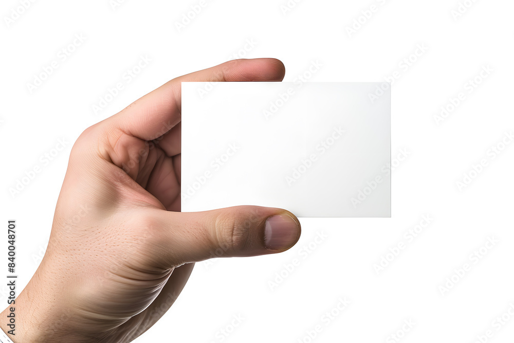 Obraz premium Business card mockup in man hand. Blank calling card template isolated on white background