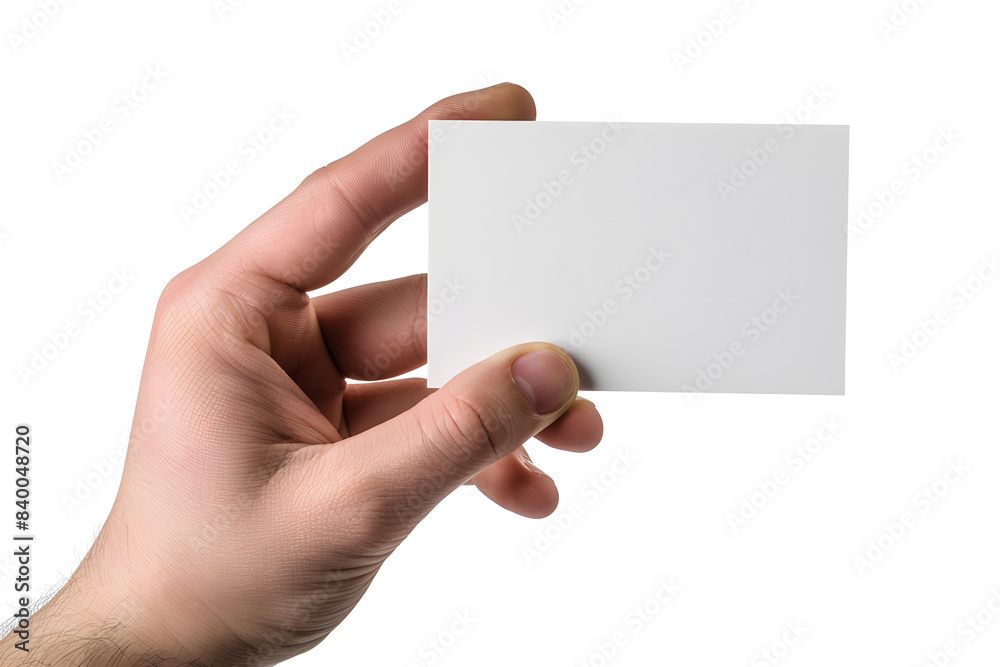 Obraz premium Business card mockup in man hand. Blank calling card template isolated on white background