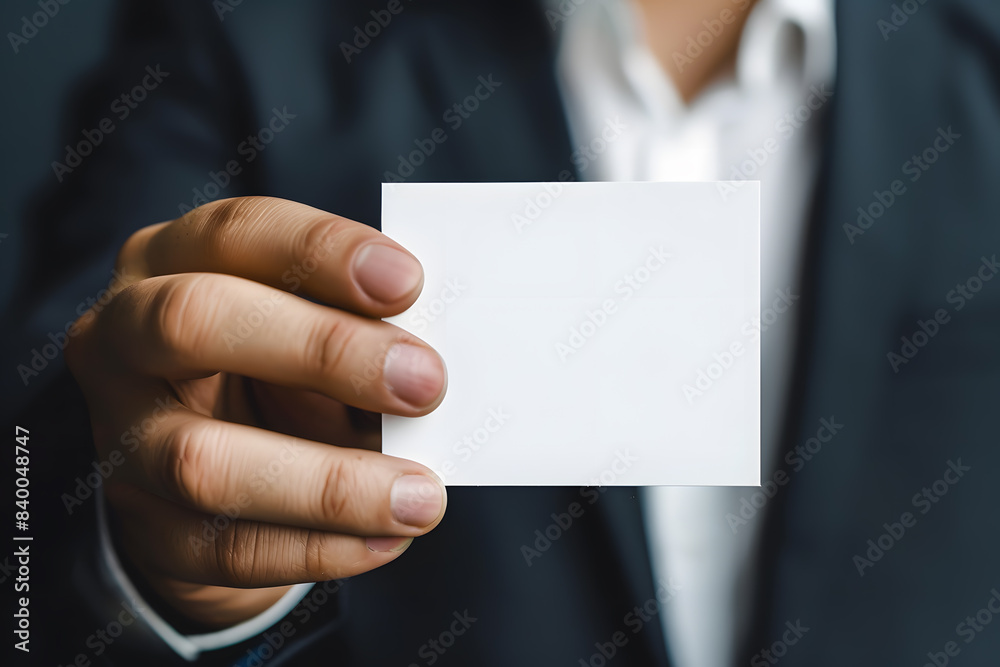 Business card mockup in man hand. Blank calling card template isolated on white background