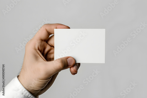 Business card mockup in man hand. Blank calling card template isolated on white background