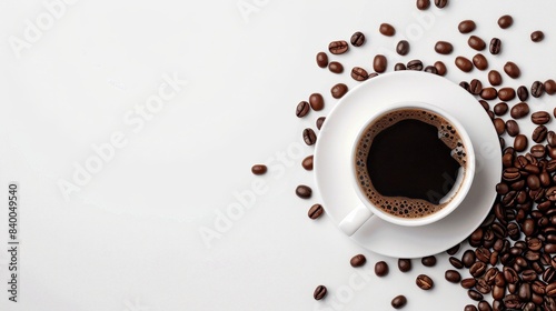 Top view of a hot cup of black coffee in a clean white cup on a white table with scattered coffee beans. This minimalist style photo is perfect for marketing or blog content. Beverage concept. AI