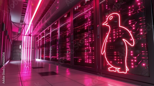 A high-tech server room with racks of glowing LEDs, subtly forming the outline of the Linux penguin, showcasing Linuxa??s role in powering servers worldwide. photo