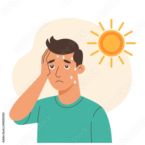 Young man with headache from sunstroke or heat. Healthcare and medicine. Illustration, vector