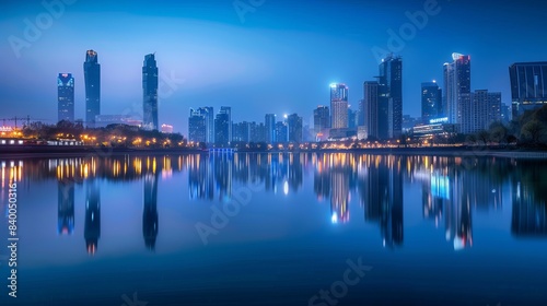 City skyline illuminated at night with skyscrapers reflecting in the calm river. Modern metropolis cityscape capturing the essence of urban living and architecture. Timeless and futuristic style. AI