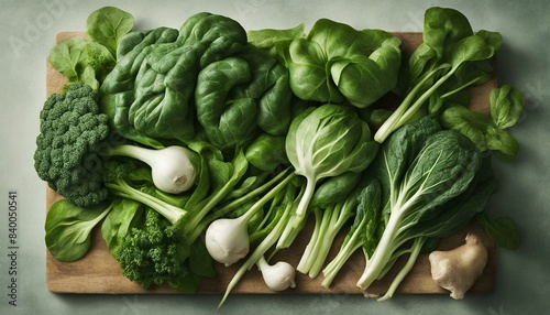 The image displays a variety of fresh green veggies like spinach, arranged appealingly with some leaves cascading, forming layers. It's ideal for cooking and decorating.