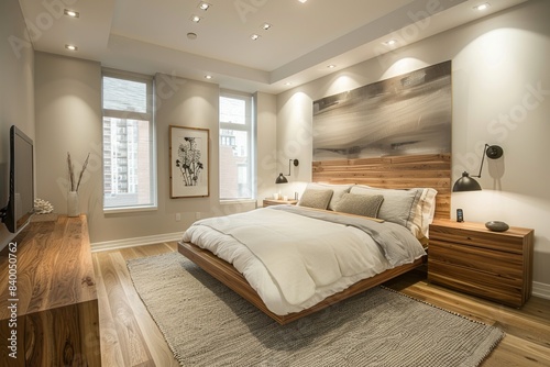 Minimalist Bedroom with Wall-Mounted Nightstands  Bedroom featuring wall-mounted nightstands and a clean design