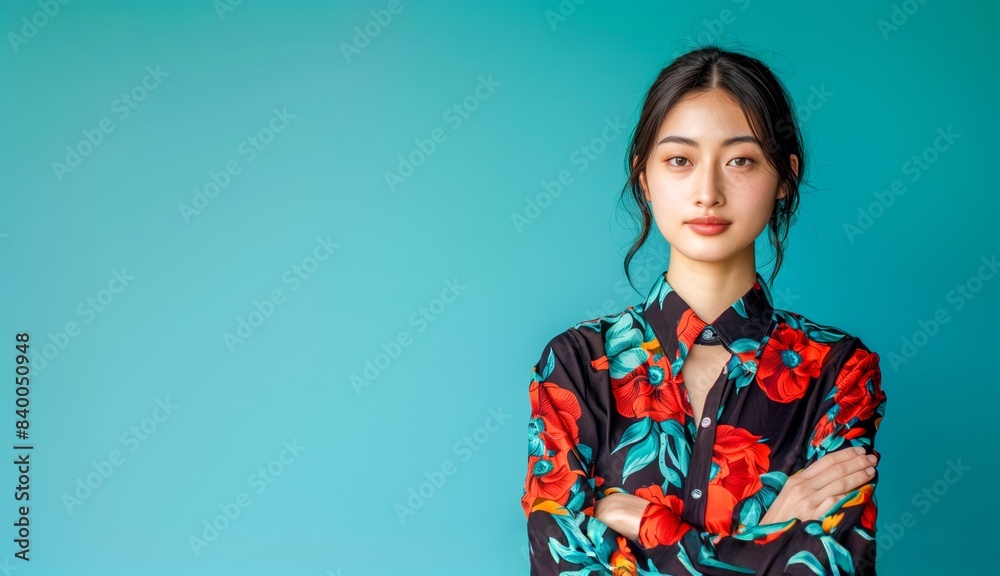 Confident Model in a Striking Outfit Strikes a Power Pose Against a Blue Backdrop with Ample Copy Space. Confident Model in a Striking Outfit Strikes a Power Pose Against a Blue Backdrop with Ample Copy Space.