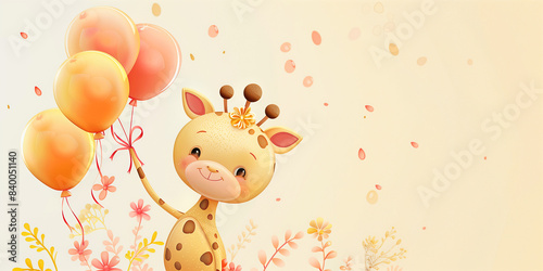 Lustiges Tier mit Luftballon auf farbigen Hintergrund. Einladungskarte für Baby oder Kindergeburtstag.