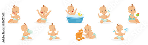 Infant Newborn Baby Wear Diaper in Different Activity Vector Set