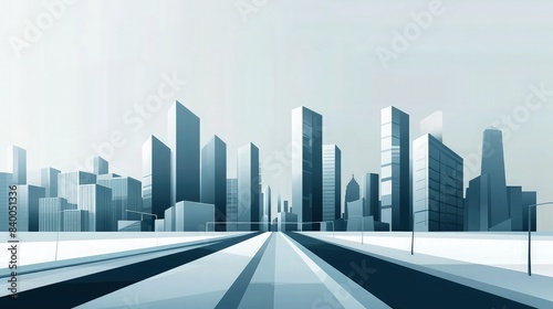 A minimalist and sleek vector cityscape with sharp angles and a monochromatic color scheme  focusing on the modern architectural elements of a corporate city.