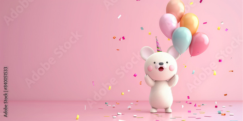 Lustiges Tier mit Luftballon auf farbigen Hintergrund. Einladungskarte für Baby oder Kindergeburtstag. photo