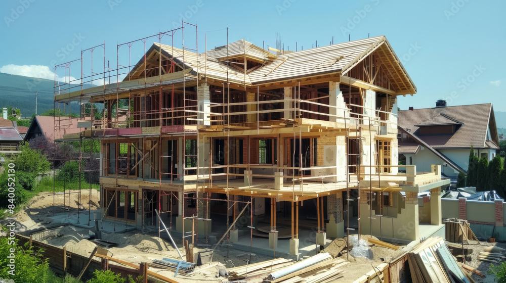 Wooden and concrete frame of a house under construction and structure in the early stages of construction. Background for design. Wooden and concrete frame of a house under construction and structure in the early stages of construction. Background for design.
