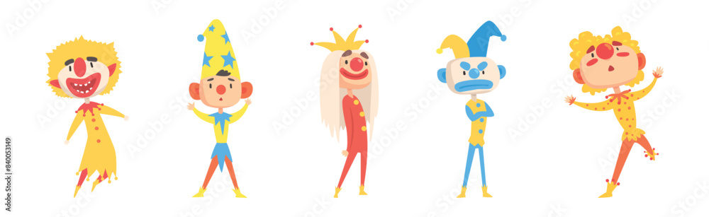 Fototapeta premium Funny Clown Boy Character in Bright Costume with Nose Vector Set