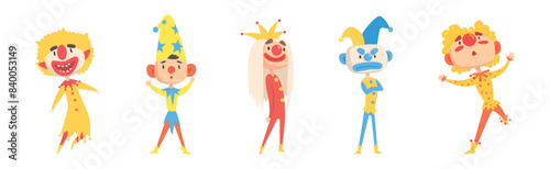 Funny Clown Boy Character in Bright Costume with Nose Vector Set