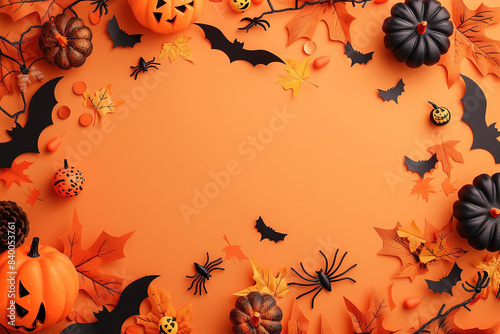 Orange Halloween Background with Jack-O-Lanterns, Pumpkins, Bats, Cobwebs, spiders, spider web, Skulls. Top View, Flatlay with Copy Space