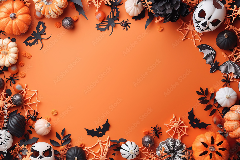 Obraz premium Orange Halloween Background with Jack-O-Lanterns, Pumpkins, Bats, Cobwebs, spiders, spider web, Skulls. Top View, Flatlay with Copy Space