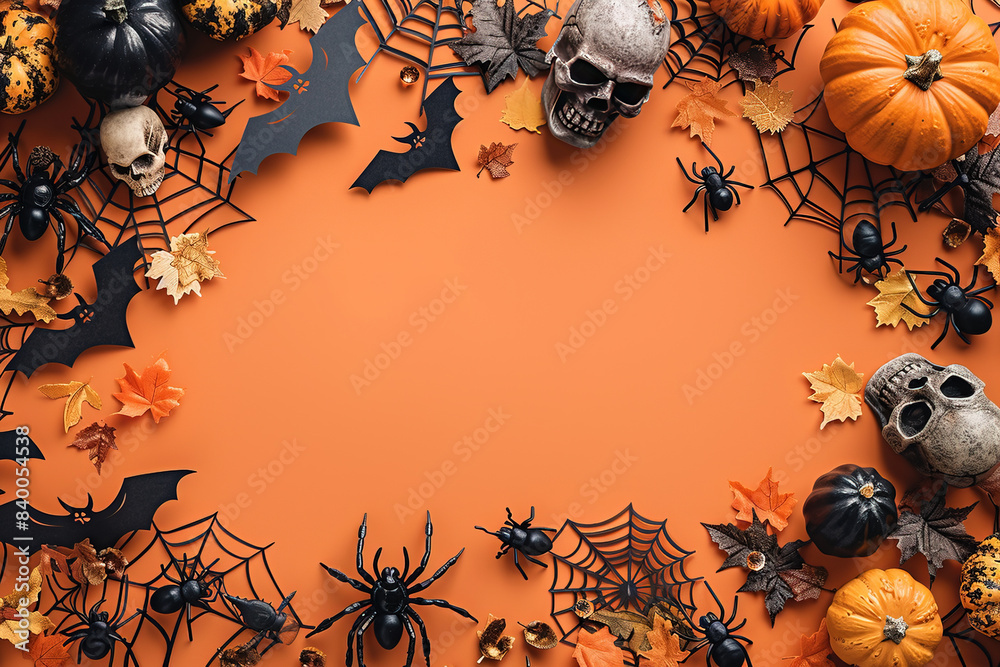 Orange Halloween Background with Jack-O-Lanterns, Pumpkins, Bats, Cobwebs, spiders, spider web, Skulls. Top View, Flatlay with Copy Space Orange Halloween Background with Jack-O-Lanterns, Pumpkins, Bats, Cobwebs, spiders, spider web, Skulls. Top View, Flatlay with Copy Space