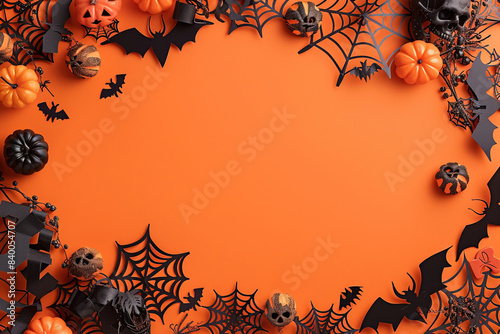 Orange Halloween Background with Jack-O-Lanterns, Pumpkins, Bats, Cobwebs, spiders, spider web, Skulls. Top View, Flatlay with Copy Space