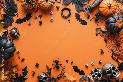 Orange Halloween Background with Jack-O-Lanterns, Pumpkins, Bats, Cobwebs, spiders, spider web, Skulls. Top View, Flatlay with Copy Space