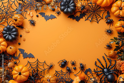Orange Halloween Background with Jack-O-Lanterns, Pumpkins, Bats, Cobwebs, spiders, spider web, Skulls. Top View, Flatlay with Copy Space