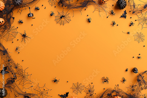 Orange Halloween Background with Jack-O-Lanterns, Pumpkins, Bats, Cobwebs, spiders, spider web, Skulls. Top View, Flatlay with Copy Space
