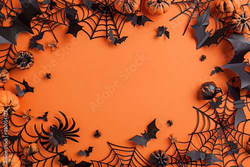 Orange Halloween Background with Jack-O-Lanterns, Pumpkins, Bats, Cobwebs, spiders, spider web, Skulls. Top View, Flatlay with Copy Space