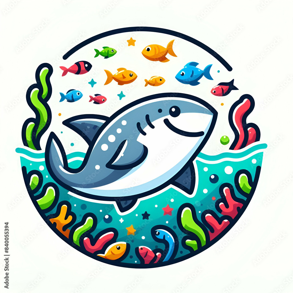 Fototapeta premium Shark logo illustration with undersea sun rays background 