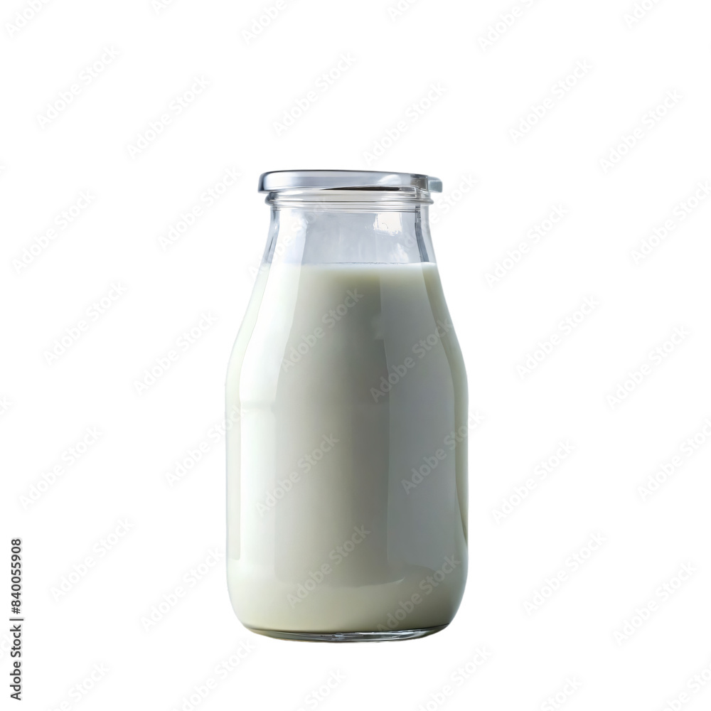 A chilled glass bottle filled with fresh, white dairy milk isolated on a white background A chilled glass bottle filled with fresh, white dairy milk isolated on a white background