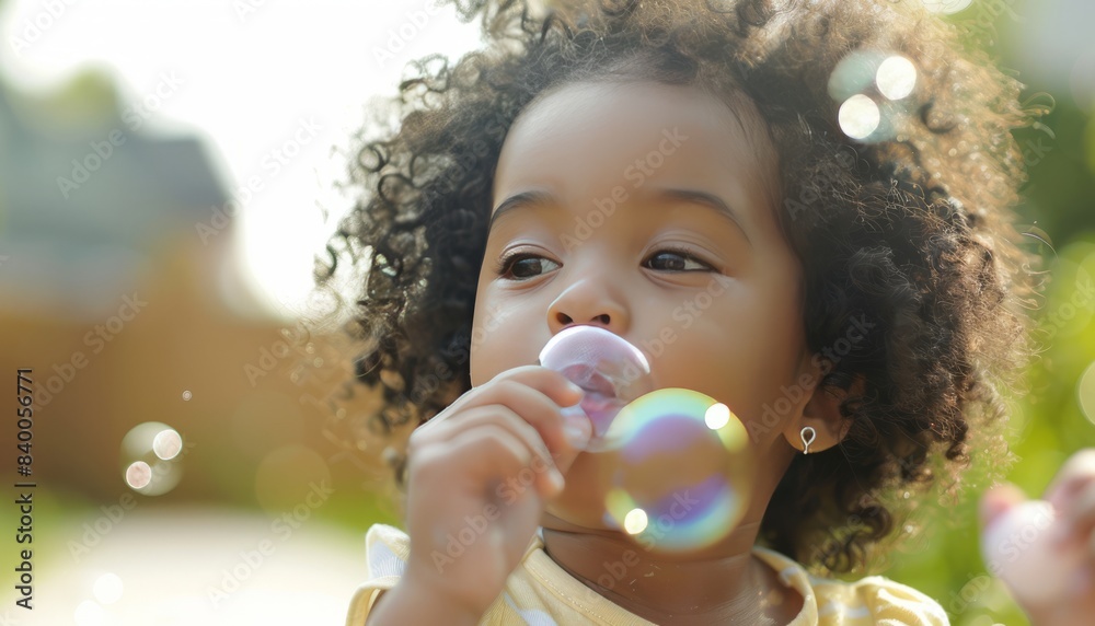 Curly-Haired Cutie: A Close-Up Portrait of an Asian Girl Blowing Soap Bubbles Curly-Haired Cutie: A Close-Up Portrait of an Asian Girl Blowing Soap Bubbles