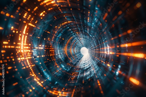 Futuristic Tunnel with Glowing Lights and Digital Patterns, Abstract Technology Background, Sci-Fi Concept, High-Tech Design, Innovation, and Modern Digital Art