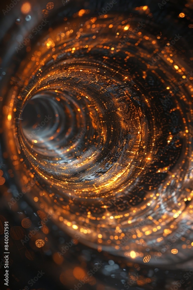 Abstract Futuristic Tunnel with Glowing Orange and Gold Lights, Digital Art Depicting a Sci-Fi Wormhole or Vortex, Perfect for Technology and Science Fiction Themes