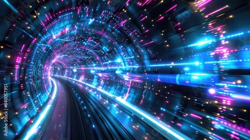 An abstract neon light tunnel is formed by streaks of blue, purple, and turquoise colors. 3D rendering. © Rozeena