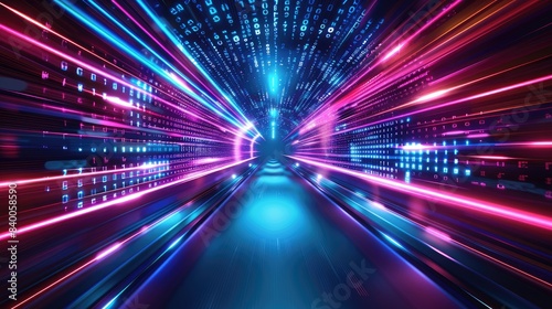 An abstract neon light tunnel is formed by streaks of blue, purple, and turquoise colors. 3D rendering. photo