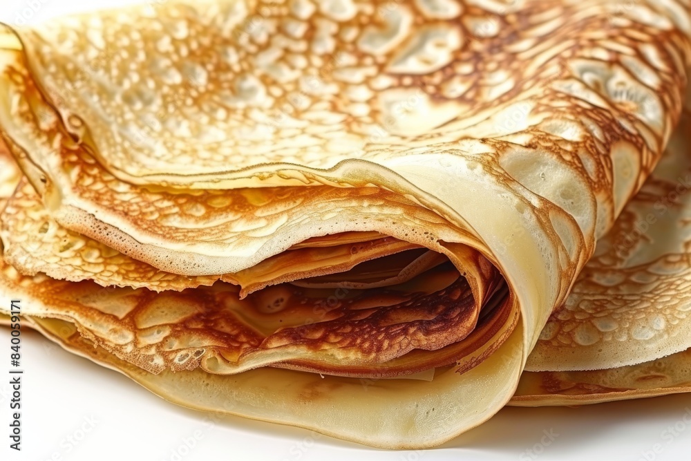 Close up of a stack of golden crepes, a delicious and classic breakfast treat Close up of a stack of golden crepes, a delicious and classic breakfast treat