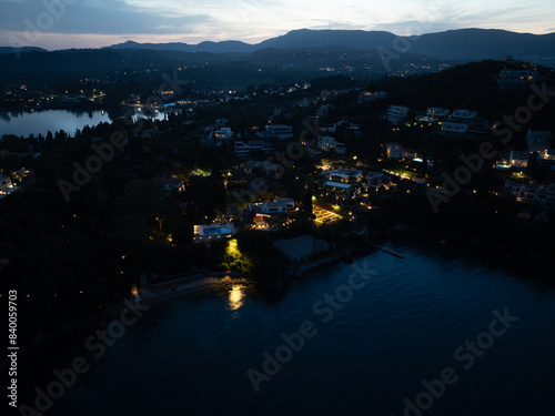 Aerial drone view of luxury hotel corfu imperial by night,summer view photo