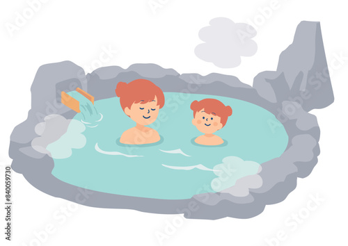 温泉に入る親子のイラスト