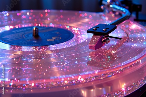 Vintage turntable with sparkling pink vinyl record