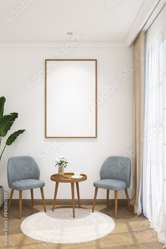3d render of frame mock up side the window with armchair  coffee table  carpet and plant. Heringbone wood floor  white wall and white flat ceiling. Set 19
