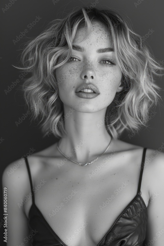 Elegant Freckled Woman with Short Blonde Hair in Monochrome Elegant Freckled Woman with Short Blonde Hair in Monochrome
