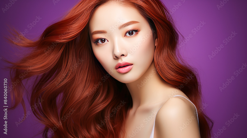 Portrait of a beautiful, sexy, smiling Asian woman with long red hair and perfect skin, purple background, banner.