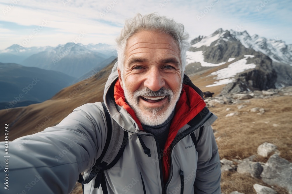 Smiling Senior Hiker Taking a Selfie in the Mountains Smiling Senior Hiker Taking a Selfie in the Mountains