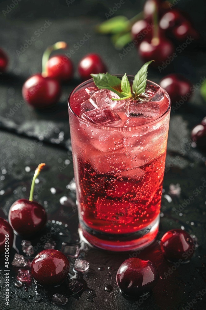 Cherry flavored cold drink with ice in a glass Cherry flavored cold drink with ice in a glass