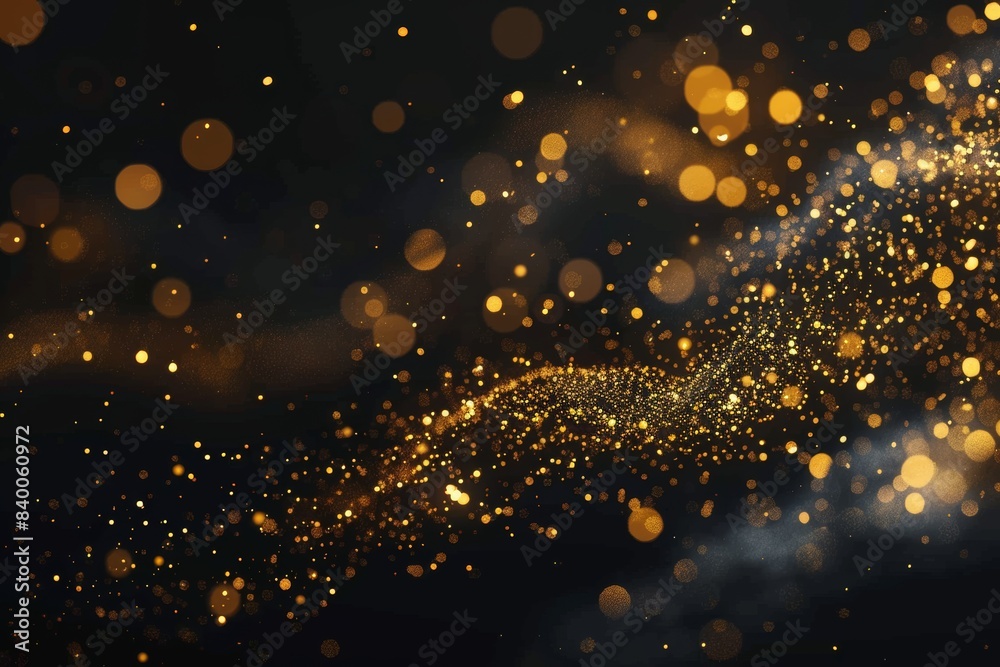 Black background with golden bokeh particles and glitter on the right ...