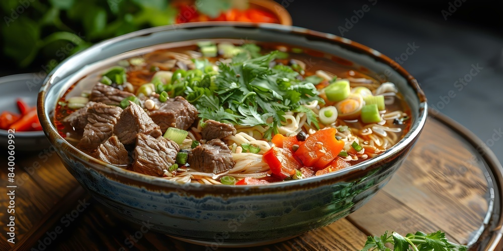 Dry noodle bowl with beef and vegetables on wooden table. Concept Food Photography, Asian Cuisine, Noodle Dish, Beef and Vegetables, Wooden Table Dry noodle bowl with beef and vegetables on wooden table. Concept Food Photography, Asian Cuisine, Noodle Dish, Beef and Vegetables, Wooden Table